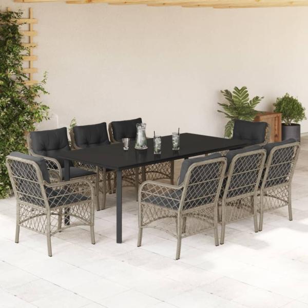 ARDEBO.de - 9-tlg. Garten-Essgruppe mit Kissen Hellgrau Poly Rattan