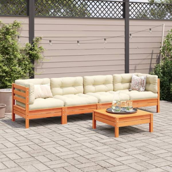 5-tlg. Garten-Sofagarnitur mit Kissen Wachsbraun Kiefernholz