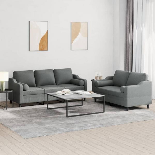 ARDEBO.de - 2-tlg. Sofagarnitur mit Kissen Dunkelgrau Stoff