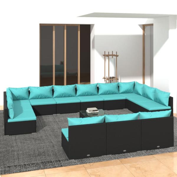 ARDEBO.de - 14-tlg. Garten-Lounge-Set mit Kissen Schwarz Poly Rattan
