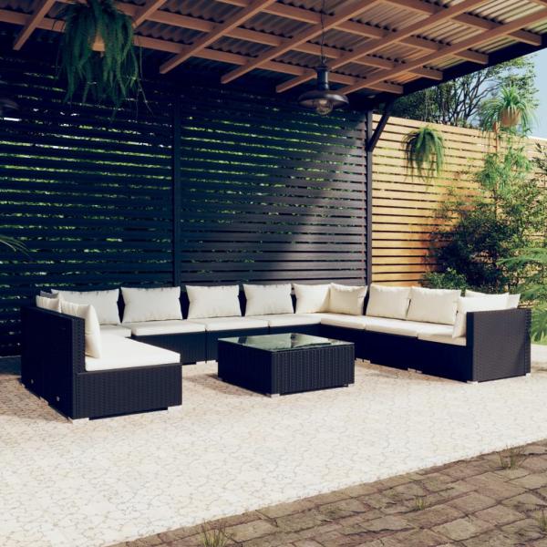 ARDEBO.de - 11-tlg. Garten-Lounge-Set mit Kissen Schwarz Poly Rattan