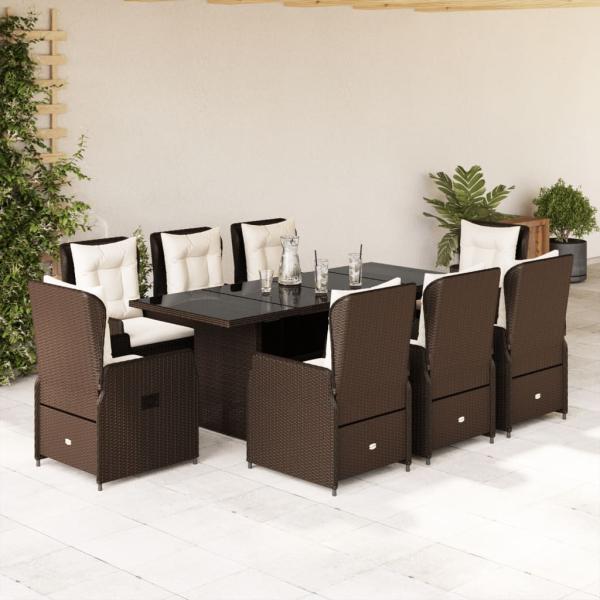 ARDEBO.de - 9-tlg. Garten-Essgruppe mit Kissen Braun Poly Rattan