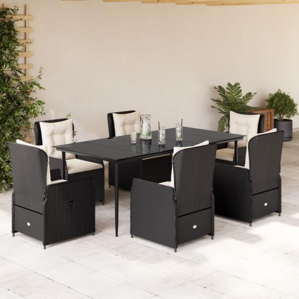 ARDEBO.de - 7-tlg. Garten-Essgruppe mit Kissen Schwarz Poly Rattan
