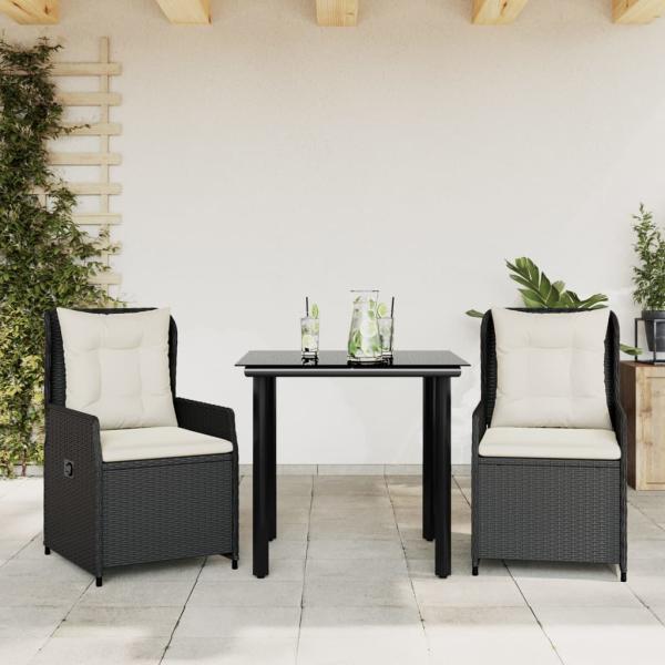ARDEBO.de - 3-tlg. Garten-Essgruppe mit Kissen Schwarz Poly Rattan