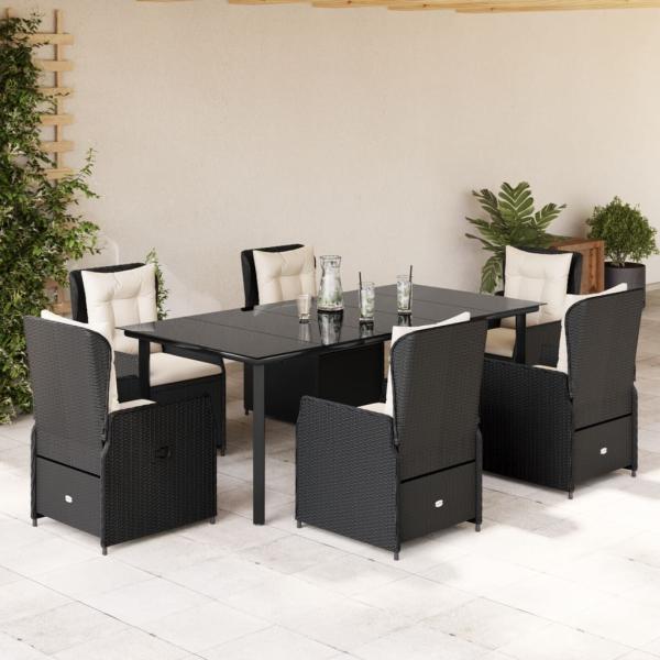 ARDEBO.de - 7-tlg. Garten-Essgruppe mit Kissen Schwarz Poly Rattan