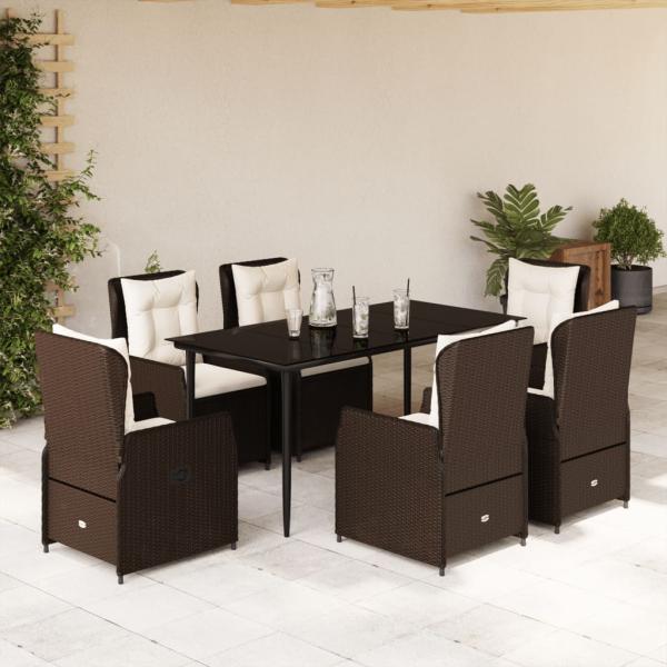 ARDEBO.de - 7-tlg. Garten-Essgruppe mit Kissen Braun Poly Rattan