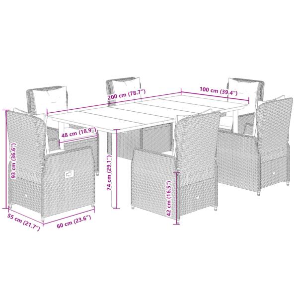 7-tlg. Garten-Essgruppe mit Kissen Braun Poly Rattan