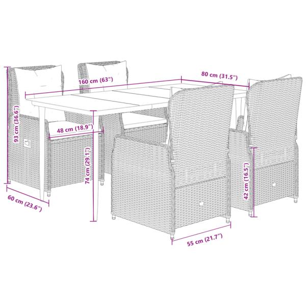 5-tlg. Garten-Essgruppe mit Kissen Hellgrau Poly Rattan