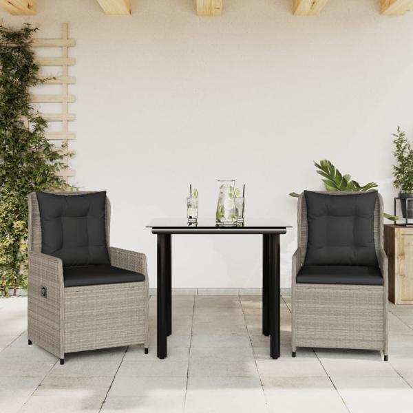 ARDEBO.de - 3-tlg. Garten-Essgruppe mit Kissen Hellgrau Poly Rattan