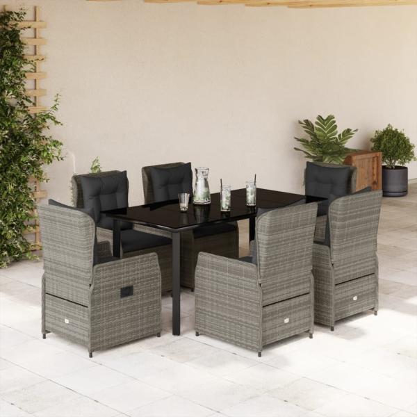 ARDEBO.de - 7-tlg. Garten-Essgruppe mit Kissen Grau Poly Rattan