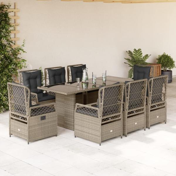 ARDEBO.de - 9-tlg. Garten-Essgruppe mit Kissen Hellgrau Poly Rattan