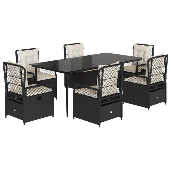 7-tlg. Garten-Essgruppe mit Kissen Schwarz Poly Rattan