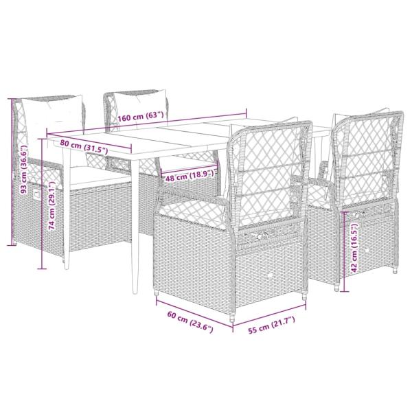 5-tlg. Garten-Essgruppe mit Kissen Braun Poly Rattan
