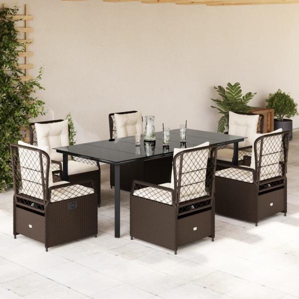 ARDEBO.de - 7-tlg. Garten-Essgruppe mit Kissen Braun Poly Rattan