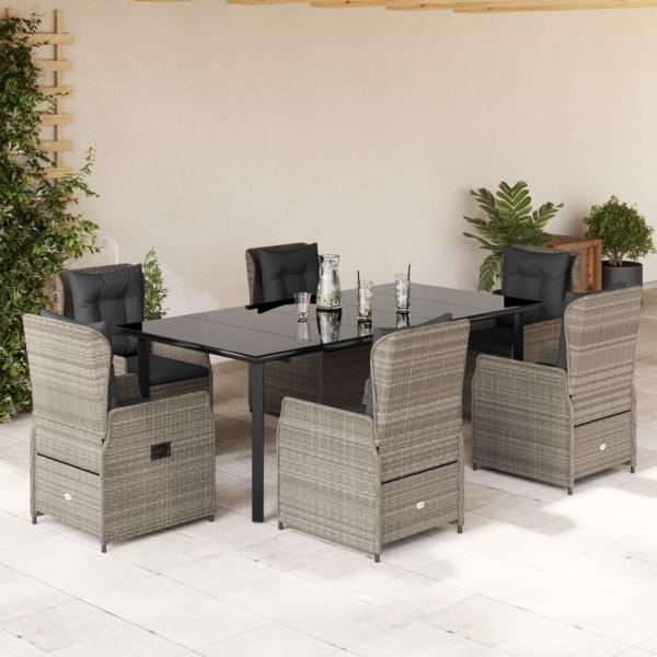 ARDEBO.de - 7-tlg. Garten-Essgruppe mit Kissen Hellgrau Poly Rattan