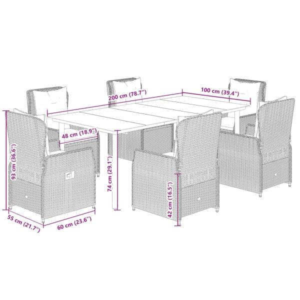 7-tlg. Garten-Essgruppe mit Kissen Hellgrau Poly Rattan