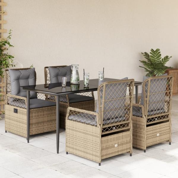 ARDEBO.de - 5-tlg. Garten-Essgruppe mit Kissen Beige Poly Rattan