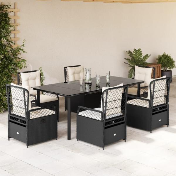 ARDEBO.de - 7-tlg. Garten-Essgruppe mit Kissen Schwarz Poly Rattan