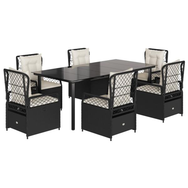 7-tlg. Garten-Essgruppe mit Kissen Schwarz Poly Rattan