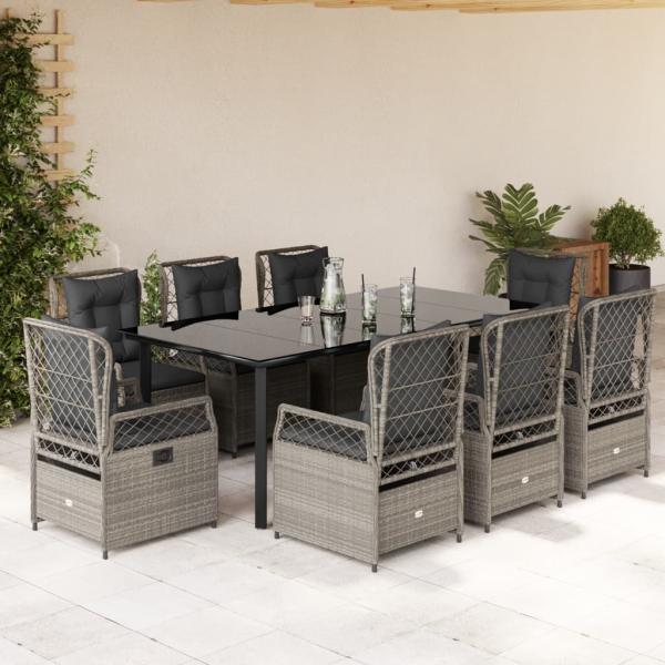 ARDEBO.de - 9-tlg. Garten-Essgruppe mit Kissen Hellgrau Poly Rattan