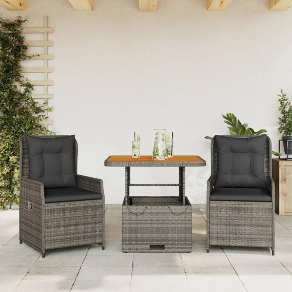 ARDEBO.de - 3-tlg. Bistro-Set mit Kissen Grau Poly Rattan