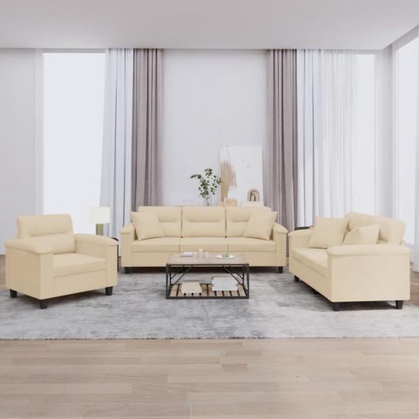 ARDEBO.de - 3-tlg. Sofagarnitur mit Kissen Creme Mikrofasergewebe
