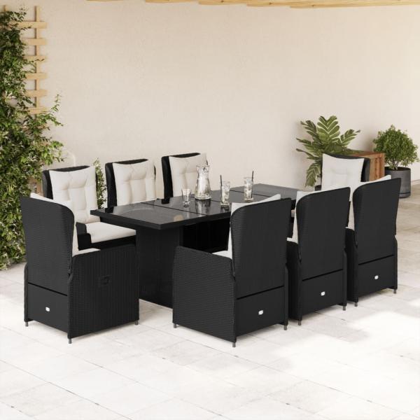 ARDEBO.de - 9-tlg. Garten-Essgruppe mit Kissen Schwarz Poly Rattan