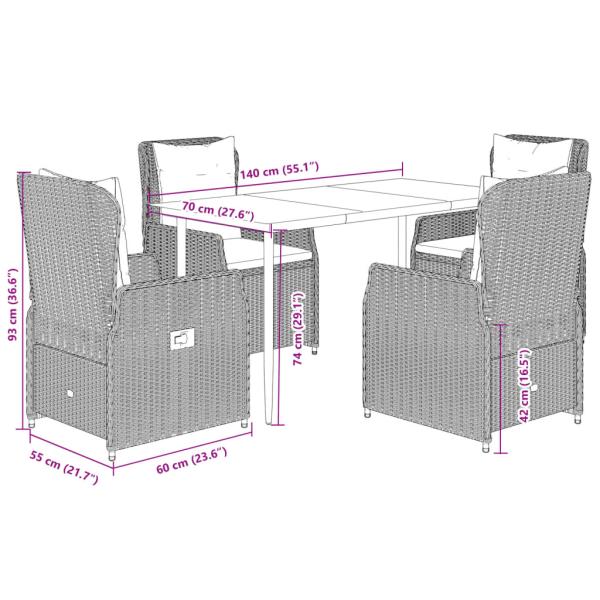 5-tlg. Garten-Essgruppe mit Kissen Schwarz Poly Rattan