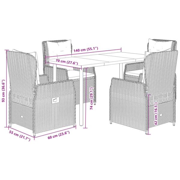 5-tlg. Garten-Essgruppe mit Kissen Schwarz Poly Rattan