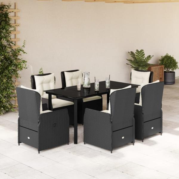 ARDEBO.de - 7-tlg. Garten-Essgruppe mit Kissen Schwarz Poly Rattan
