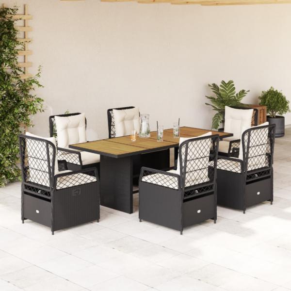 ARDEBO.de - 7-tlg. Garten-Essgruppe mit Kissen Schwarz Poly Rattan