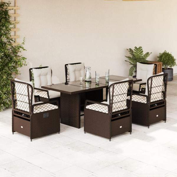 ARDEBO.de - 7-tlg. Garten-Essgruppe mit Kissen Braun Poly Rattan