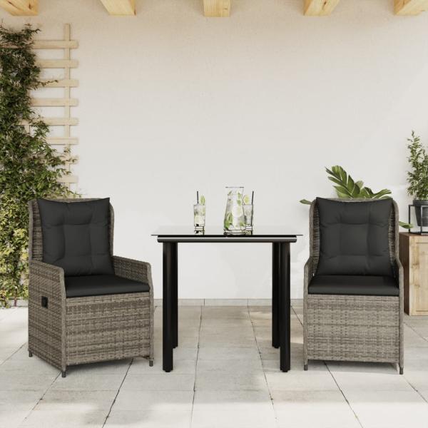 ARDEBO.de - 3-tlg. Garten-Essgruppe mit Kissen Grau Poly Rattan