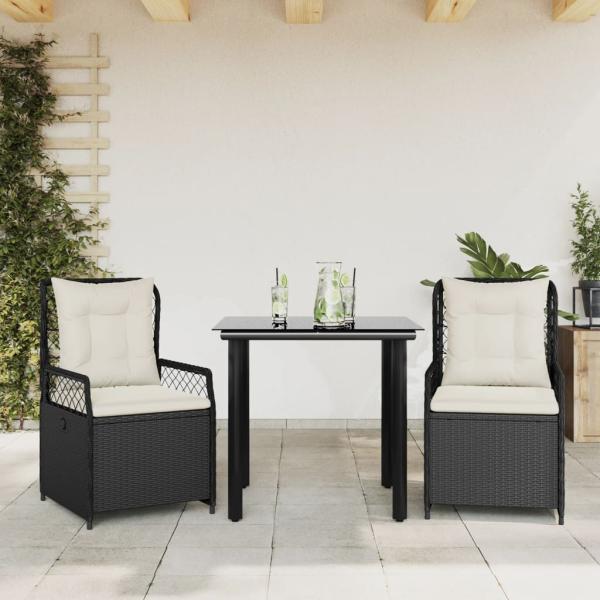 ARDEBO.de - 3-tlg. Garten-Essgruppe mit Kissen Schwarz Poly Rattan