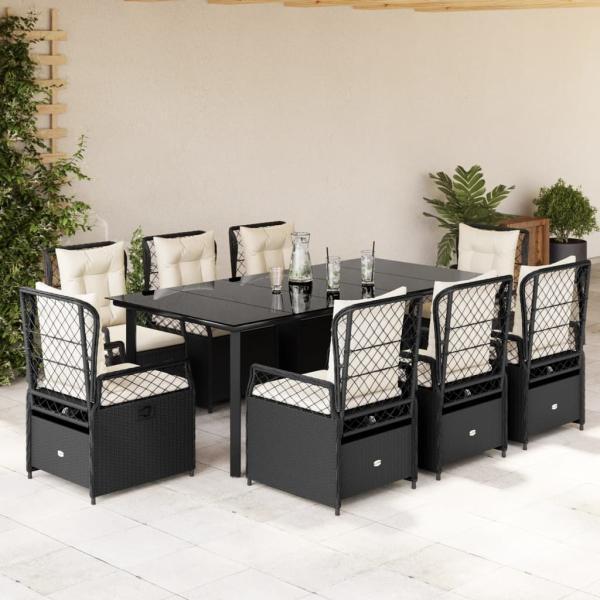 ARDEBO.de - 9-tlg. Garten-Essgruppe mit Kissen Schwarz Poly Rattan