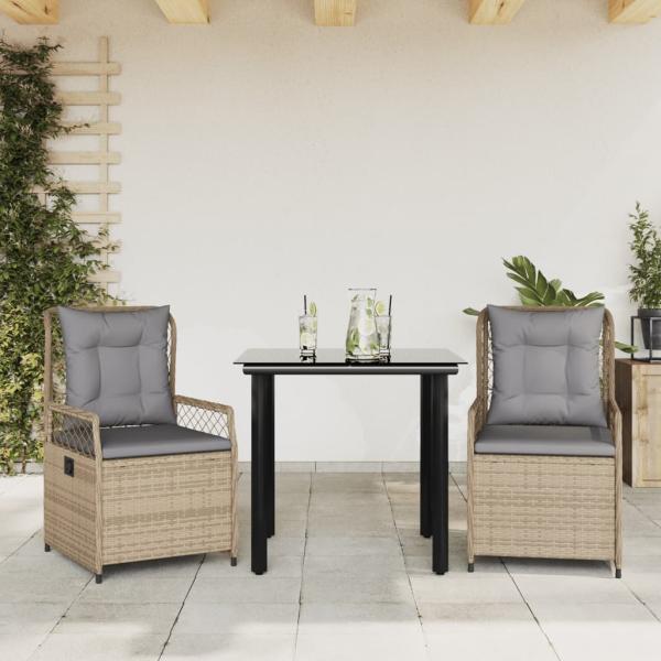 ARDEBO.de - 3-tlg. Garten-Essgruppe mit Kissen Beige Poly Rattan