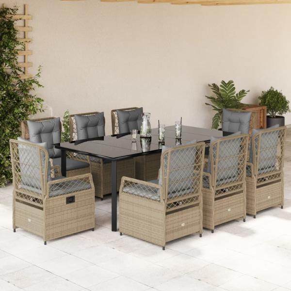 ARDEBO.de - 9-tlg. Garten-Essgruppe mit Kissen Beige Poly Rattan