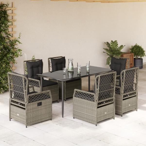 ARDEBO.de - 7-tlg. Garten-Essgruppe mit Kissen Hellgrau Poly Rattan