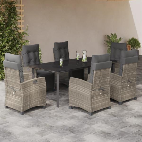 ARDEBO.de - 7-tlg. Garten-Essgruppe mit Kissen Hellgrau Poly Rattan
