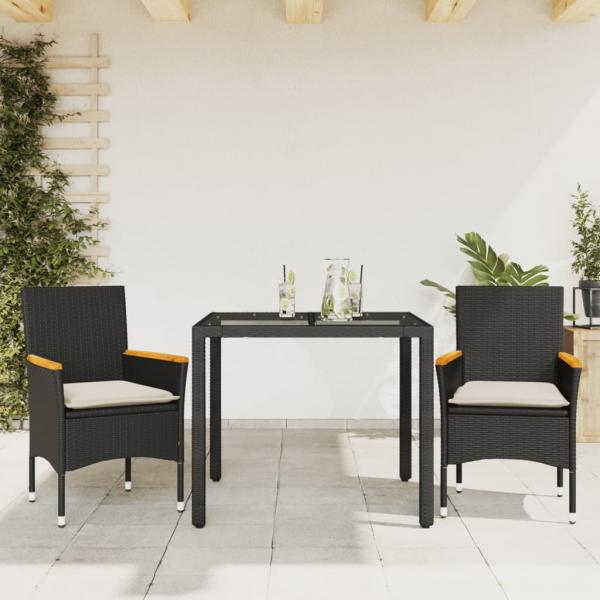 ARDEBO.de - 3-tlg. Garten-Essgruppe mit Kissen Schwarz Poly Rattan Glas