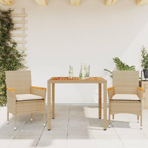 ARDEBO.de - 3-tlg. Garten-Essgruppe mit Kissen Beige Poly Rattan Akazie