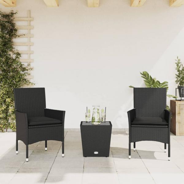 ARDEBO.de - 3-tlg. Bistro-Set mit Kissen Schwarz Poly Rattan und Glas