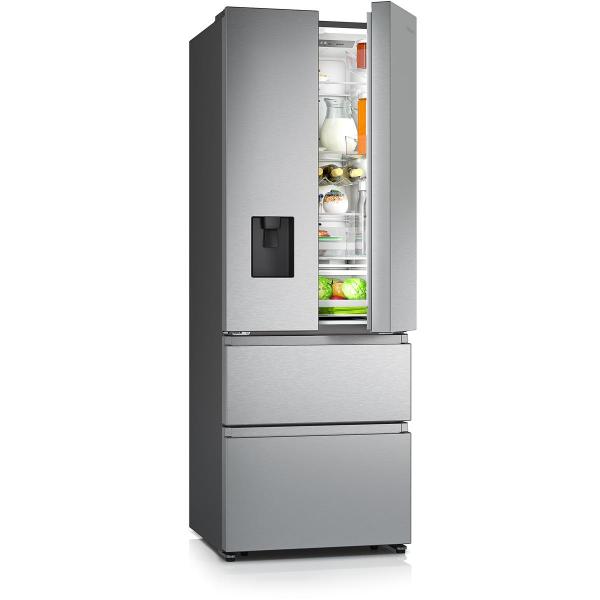 Hisense RF632N4WIE Side-by-Side Kombination, 70cm breit, 485L, NoFrost, CrispZone, Wasserspender, Wassertank, Eiswürfelbehälter, SuperCool, Edelstahloptik