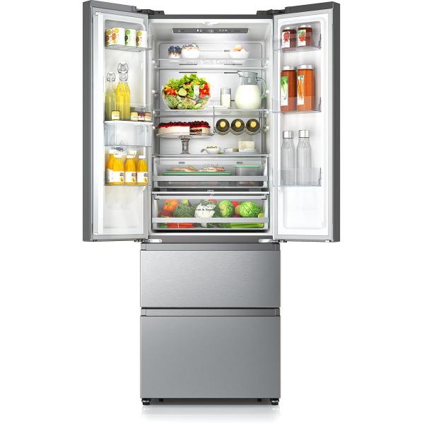 Hisense RF632N4WIE Side-by-Side Kombination, 70cm breit, 485L, NoFrost, CrispZone, Wasserspender, Wassertank, Eiswürfelbehälter, SuperCool, Edelstahloptik