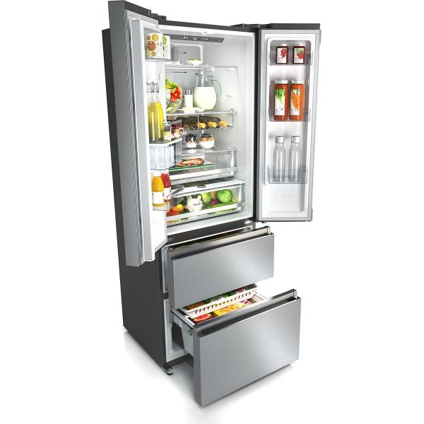 Hisense RF632N4WIE Side-by-Side Kombination, 70cm breit, 485L, NoFrost, CrispZone, Wasserspender, Wassertank, Eiswürfelbehälter, SuperCool, Edelstahloptik