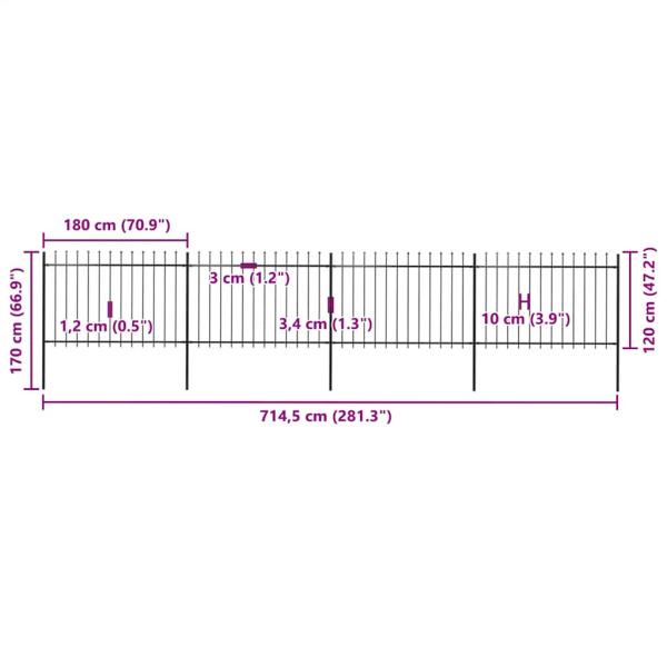 Gartenzaun mit Speerspitzen Stahl 6,8 x 1,2 m Schwarz