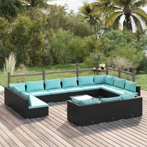 ARDEBO.de - 14-tlg. Garten-Lounge-Set mit Kissen Schwarz Poly Rattan