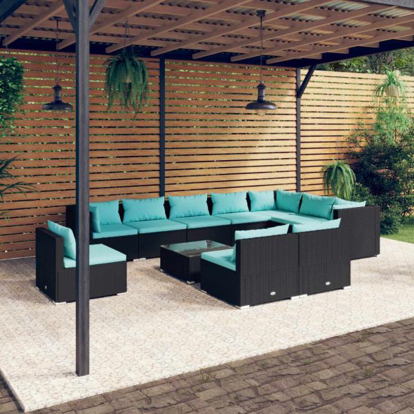 ARDEBO.de - 11-tlg. Garten-Lounge-Set mit Kissen Poly Rattan Schwarz