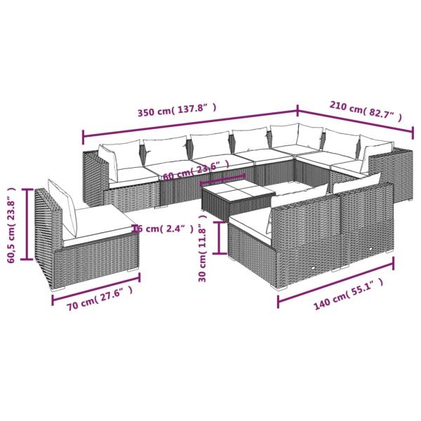 11-tlg. Garten-Lounge-Set mit Kissen Poly Rattan Schwarz