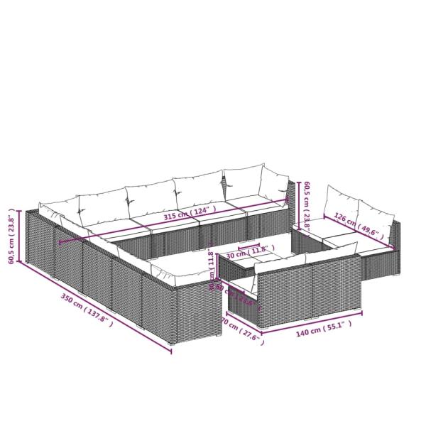 14-tlg. Garten-Lounge-Set mit Kissen Schwarz Poly Rattan